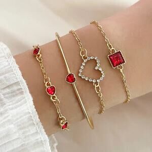 NEW 4pcs Gold Bracelet Set – Red Rhinestones, Heart & Square Charms, Stackable
